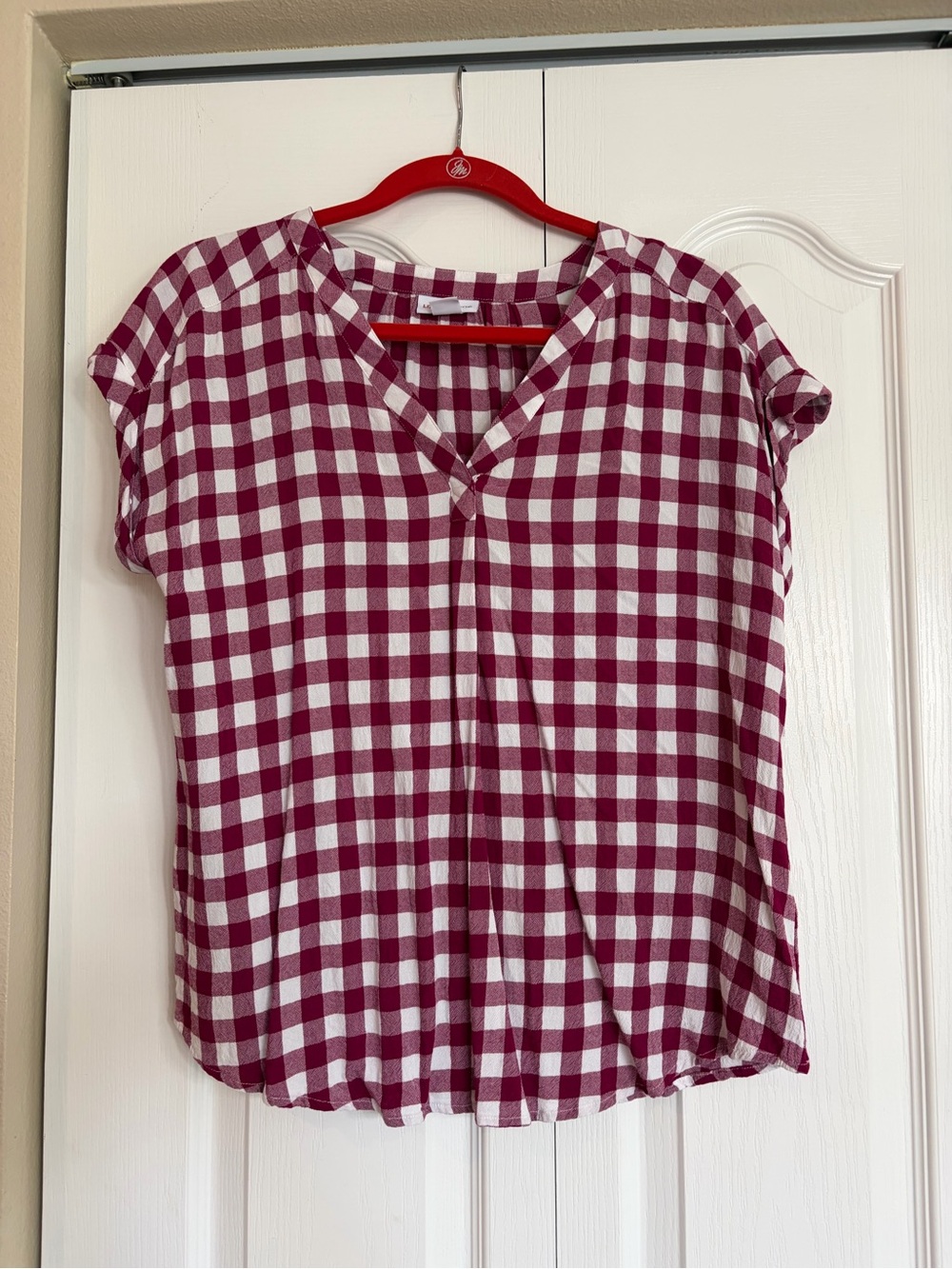 Liz Claiborne Burgundy and White Gingham V-Neck Blouse